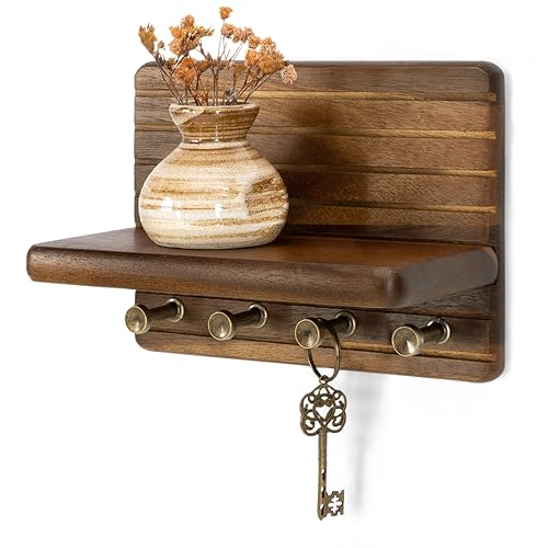 Rebee Vision Acacia Wood Key Holder Wall Mount with Shelf, Key Hooks, Brown | Small Key Holder, 4 Key Hooks, Floating Shelf, Mail Organizer, Compact Storage, Practical Daily Use, Apartment Essential - color: Acacia, size: Small-7inch