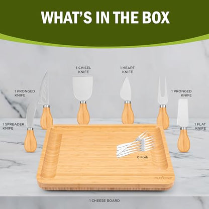 NutriChef Natural Bamboo Cheese Board Set with Bonus Condiment Cup-Extra Large Size 100% Home Organic Wooden Plate and Charcuterie Tray with 4 pcs Cutting Knife Slicer - style: Square with Gift Box
