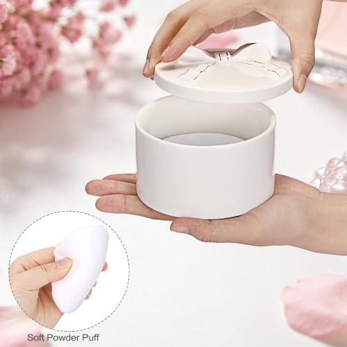 ELLDOO Body Powder Puff and Container, Wedding Bridal Shower Gifts(White) | Ceramic Loose Dusting Powder Storage Box with 2pcs Powder Puffs for Baby Women, Jewelry Trinket Box with Bow Lid - color: White