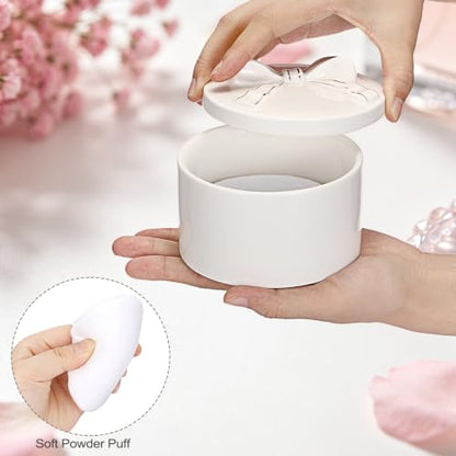 ELLDOO Body Powder Puff and Container, Wedding Bridal Shower Gifts(White) | Ceramic Loose Dusting Powder Storage Box with 2pcs Powder Puffs for Baby Women, Jewelry Trinket Box with Bow Lid - color: White