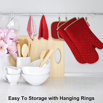 KEGOUU Oven Mitts and Pot Holders 6pcs Set, Kitchen Oven Glove High Heat Resistant 500 Degree Extra Long Oven Mitts and Potholder with Non-Slip Silicone Surface for Cooking (Red) - color: Red