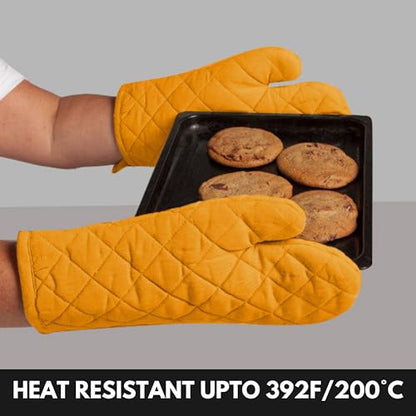 Oven Mitt (7"x13") & Pot Holder (8"x8") 100% Cotton Set of Heat Resistant Oven Gloves & Hot Pads for Gifts, BBQ, Cooking, Baking, Thanksgiving - Mustard Yellow - color: Mustard Yellow