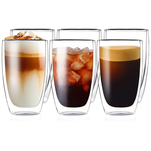 MESNEY 17oz Double Walled Glass Coffee Mugs, Glass Coffee Mugs Set of 6, Insulated Clear Cappuccino Latte Mugs for Home, Cafe & Restaurant, Durable Stackable Drinking Glasses - size: 17 Ounces 6 pieces