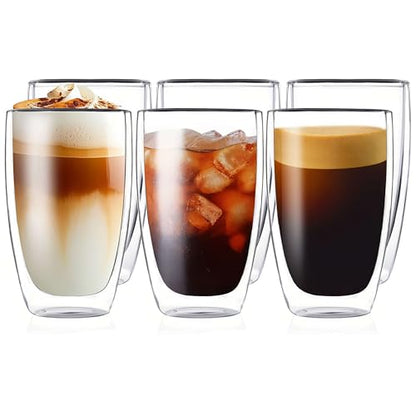 MESNEY 17oz Double Walled Glass Coffee Mugs, Glass Coffee Mugs Set of 6, Insulated Clear Cappuccino Latte Mugs for Home, Cafe & Restaurant, Durable Stackable Drinking Glasses - size: 17 Ounces 6 pieces