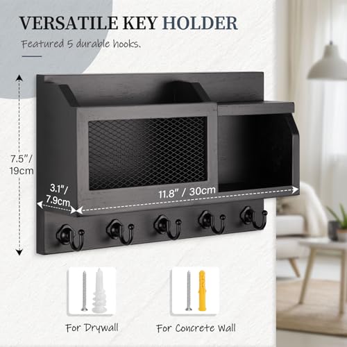 Nekon Key Holder Wall Mount with Mail Slot, 11.8" W x 7.5" H x 3.1" D Modern Farmhouse Key and Mail Organizer with 5 Hooks for Home Decor (Black)