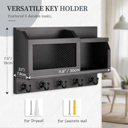 Nekon Key Holder Wall Mount with Mail Slot, 11.8" W x 7.5" H x 3.1" D Modern Farmhouse Key and Mail Organizer with 5 Hooks for Home Decor (Black)