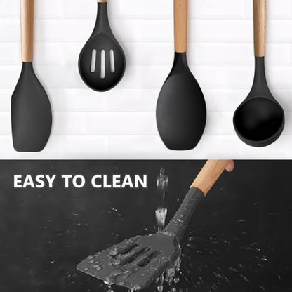 Silicone Cooking Utensils Set of 5, Heat Resistant Silicone Kitchen Utensils Set with Wooden Handle, BPA Free Spatula Spoon Turner Ladle Cooking Kitchen Gadgets for Nonstick Cookware & Baking - color: Black, size: Standard 5-Piece Set