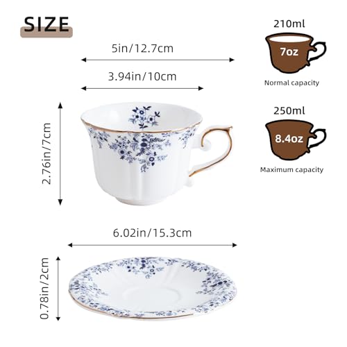 Ceramic Floral Cups with Saucers，7 oz Espresso Cups for Latte Coffee Cafe, Cappuccino and Tea (1, Little Blue Flower) - color: Little Blue Flower