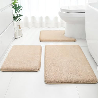 HOMEIDEAS Upgraded Bathroom Rugs Set 3 Piece, Ultra Soft Memory Foam Bath Mats, Super Absorbent Non Slip Washable U-Shaped Toilet Bath Rug (Beige, 17"x24"+20"x32"+U-Shaped 20"x24") - color: Beige