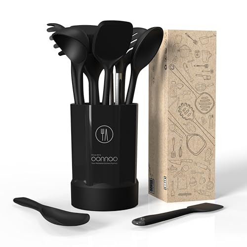 Silicone Kitchen Utensils Set,Utensils Sets for Cooking,Dishwasher Safe | Seamless Spatula Set,Nonstick Cookware, BPA-Free,Heat Resistant up to 600°F, Housewarming Gift,Black - color: Black