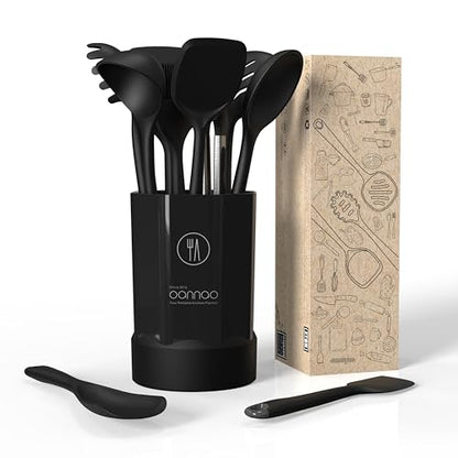 Silicone Kitchen Utensils Set,Utensils Sets for Cooking,Dishwasher Safe | Seamless Spatula Set,Nonstick Cookware, BPA-Free,Heat Resistant up to 600°F, Housewarming Gift,Black - color: Black