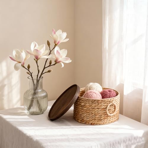 Water Hyacinth Storage Basket with Wood Lid - Handwoven Round Shelf Basket for Organizing, Rustic Woven Basket with Handle (Set of 3) for Living Room,bed room,Closet,Kitchen&Pantry