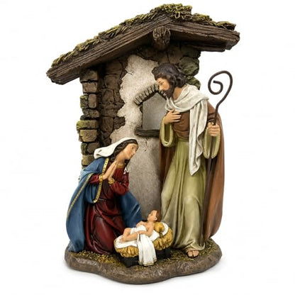 10 Inch Catholic Holy Family Statue, Nativity Scene Indoor, Joseph, Mary, & Jesus, Resin Figurine with Stable Backdrop, Hand-Painted Tabletop Decoration for Home, Traditional Christian Religious Gift
