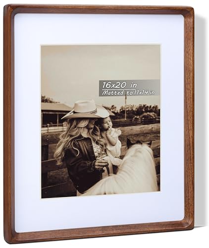 16x20 Picture Frame with Mat for 11x14, USA-Sourced Natural Walnut Wood Handcrafted Rounded Corner with Plexiglass, Vertical or Horizontal Display Photo Gallery Poster Wall Mounting Frame - color: Walnut, size: 16x20 Matted to 11x14