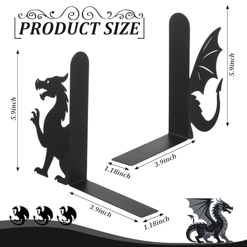 Dragon Bookends Set of 2 Styles Metal Book Ends for Shelves | Gothic Dragon Head Wings Design, Sturdy Metal Construction, Non-slip Base, Home Office Bookshelf Gift Dragon Lovers - style: Evil Dragon