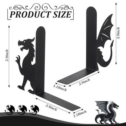 Dragon Bookends Set of 2 Styles Metal Book Ends for Shelves | Gothic Dragon Head Wings Design, Sturdy Metal Construction, Non-slip Base, Home Office Bookshelf Gift Dragon Lovers - style: Evil Dragon