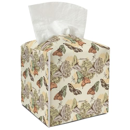 Butterfly Leather Tissue Holder with Bottom Belt Ideal for Women Housewarming Gift Vintage Tissue Box Cover Bathroom Car Nightstand Vanity Kitchen Decor Waterproof Napkin Organizer Dispenser - FS722 - color: Brown 03