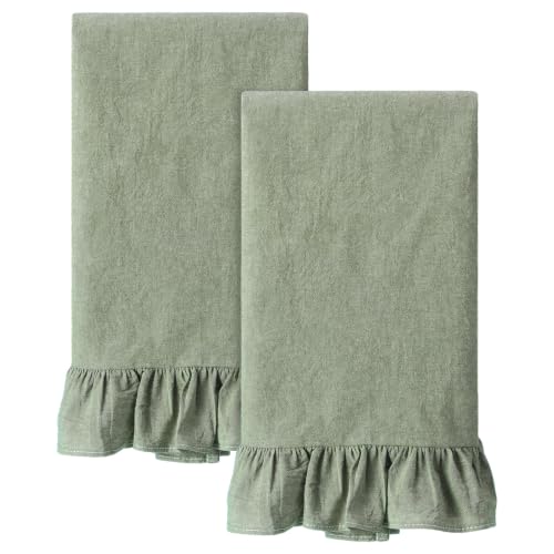 HunnmingRe Sage Green Kitchen Towels Set of 2, 100% Cotton Retro Ruffled Dish Towels 18"x28" Absorbent Tea Cloths for Farmhouse Charm, Drying Dishes, Entertaining Guests - color: Sage Green, style: Retro