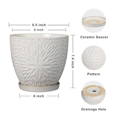 G EPGardening 8 Inch Ceramic Plant Pot with Drainage Hole and Saucer Round Planter Pot for Indoor Outdoor Plants Modern Large Flower Pot White - size: 8 Inch
