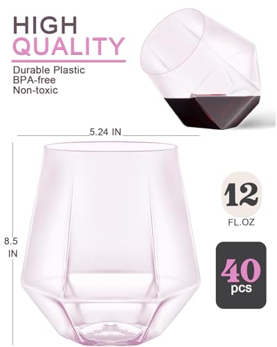 40 Pack Plastic Wine Glasses, 12 Oz Disposable Cocktail Whiskey Glasses | Diamond Stemless Champagne Margarita Glasses, Unbreakable Reusable Plastic Party Cups for Wedding Birthday (Pink) - color: Pink-40 Pack