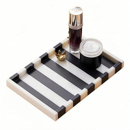 Striped Marble Tray 12", Black White Stone Vanity Organizer | Natural Marble, Bold Striped Veining, for Jewelry and Perfume, on Bathroom Vanity and Dresser, Non-Slip Base - color: Black & White