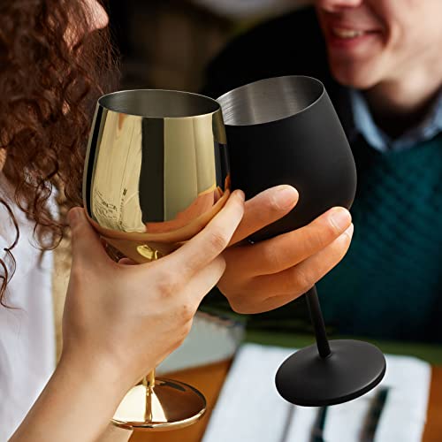 Lifecapido Stainless Steel Wine Glasses Set of 4, 18oz Stainless Steel Wine Goblets, Metal Wine Glasses with Cup Brush for Party Office Wedding Anniversary, Great for Red White Wine, Gold and Black - color: Gold and Black