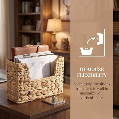 Handwoven Water Hyacinth Wall Basket Storage with Non-Trace Nails - Decorative Hanging Magazine File Holder & Mail Organizer for Wall or Desk - Damage-Free Wicker Book Basket for Office & Home