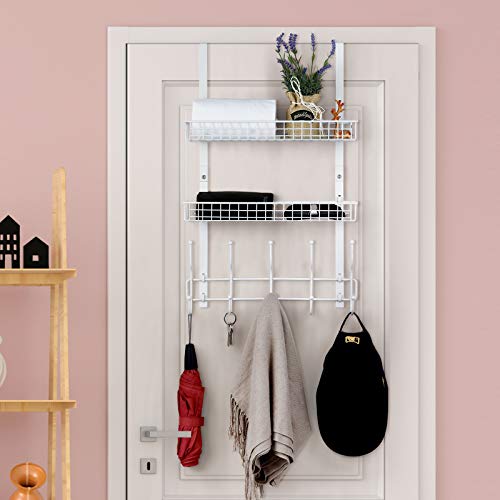 Over The Door Hanger Organizer with 2 Mesh Baskets & 5 Towel Hooks, Detachable Behind The Door Storage Towel Rack for Coats, Hats, Handbags, Easy Install Metal Hanging Hook Coat Rack Shelf, White - color: White