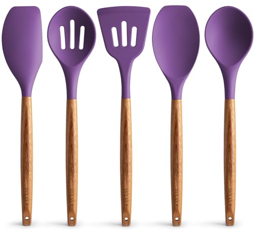 Zulay Kitchen 5 Piece Silicone Utensil Set | Non-Stick Silicone Cooking Utensils Set with Acacia Wood Handles - 464°F Heat Resistance Kitchen Utensils Set - Purple - color: Purple, size: 5-Piece Set