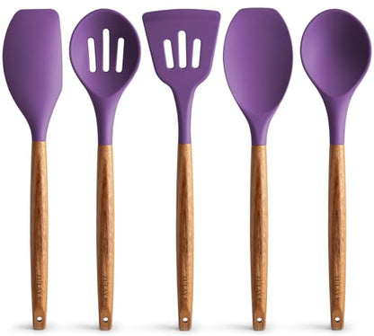 Zulay Kitchen 5 Piece Silicone Utensil Set | Non-Stick Silicone Cooking Utensils Set with Acacia Wood Handles - 464°F Heat Resistance Kitchen Utensils Set - Purple - color: Purple, size: 5-Piece Set
