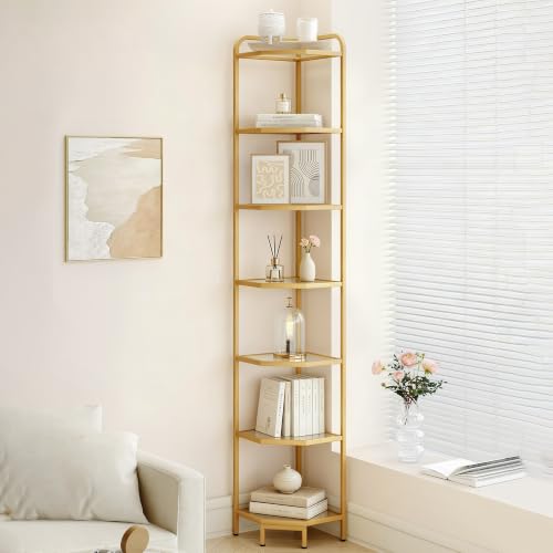 Hzuaneri Corner Shelf Stand, 7-Tier Glass Bookshelf Bookcase, Plant Stand | Bathroom Organizer Steel Frame, Tempered Glass, Modern Style for Living Room, Bathroom, Kitchen, Gold CS90799G - color: Gold, size: 7 Tier