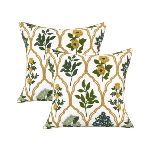 YIcabinet Pillow Covers Set of 2, Embroidered Leaf Flower Pattern Throw Pillow Cover,Square Cotton Cushion,Pillow Case for Sofa Bedroom Couch,18"x18" - color: Green05