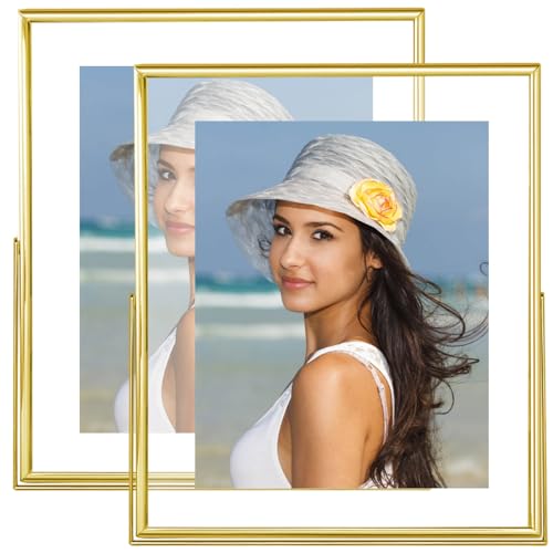 8x10 Floating Picture Frames Set of 2, Made of Metal and Double Real Glass, for Photo Size up to 10x12, Tabletop Display Home or Wedding Decoration (Vertical Gold) - color: Gold (Vertical), size: 10x12 for 8x10 (2 Pcs)