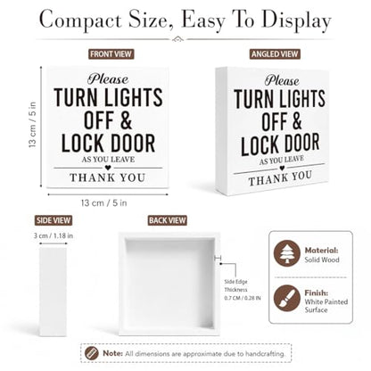 Home Safety Reminder Sign White Wood Box Plaque, Turn Lights Off and Lock Door as You Leave Farmhouse Tabletop Shelf Accent for Entryway Office 5x5 Inches - color: Homre Sign 26