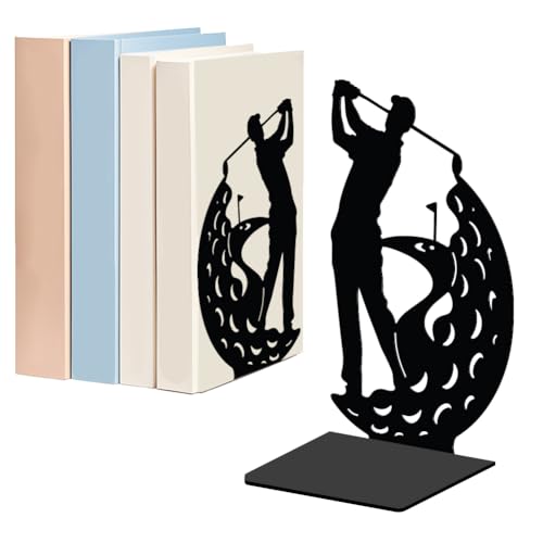 WADORN 1 Pair People Golf Metal Decorative Bookend for Shelves, Heavy Duty Book Ends Modern Non-Skid Books Holder Stand Black Book Support Stoppers for Desk Bookshelf Office Home, 5.3x4.3x7.9 Inches - color: People Golf