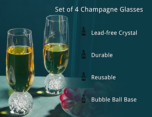 Hanjue Lead-free Crystal Champagne Glasses Set of 4, 7 Oz Clear Champagne Flutes, Ideal for Gifts, Parties,Wedding,Christmas - Long-lasting and Reusable Bar Glassware (bubble ball) - color: Bubble Ball