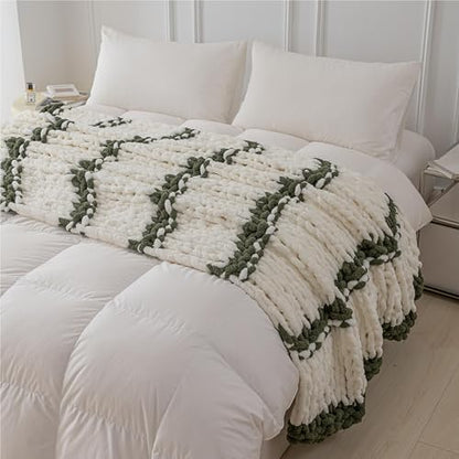 Chunky Knit Blanket Throw for Couch 50"×60" Olive Green and White | 100% Handmade Knitted Throw Blanket Fluffy Soft Blanket with Jumbo Chenille Yarn Thick - color: Olive Green and White, size: 50"*60"