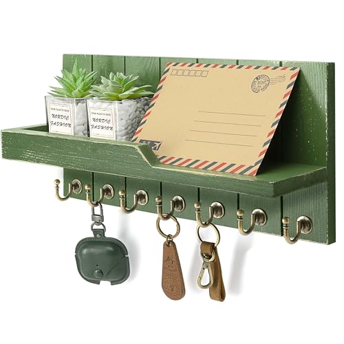 Rebee Vision Key Holder Wall Mount with Shelf &7 Hooks for Entryway, Green | Pine Wood, Farmhouse Key Holder for Wall, Mail and Perfume Display, Rustic Key Hanger, Apartment Essential, Room Decor Accent - color: Green, size: 15 inches