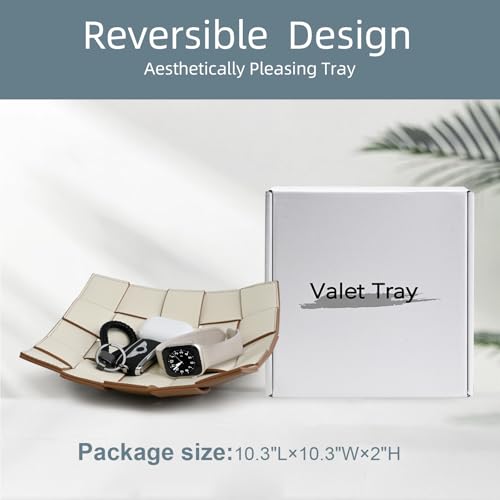 Valet Tray PU Leather Key Bowl for Men Women Entryway Table Nightstand Catchall EDC Dump Tray for Wallet, Keys, Jewelry Men's Gift - Coffee & White, 9.8" L x 9.8" W x 2" H - color: Coffee + White