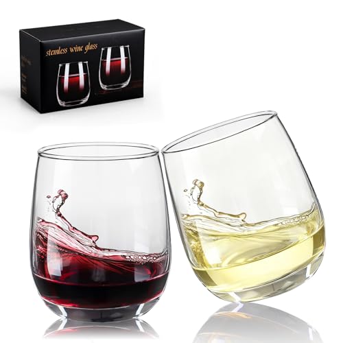 Stemless Wine Glasses, Red Wine Glasses Set of 2, Glasses 12 oz, Smooth Rim Wine Glass Set, Cute Wine Glasses Perfect for Wedding, Anniversary or Christmas Holiday Gifts