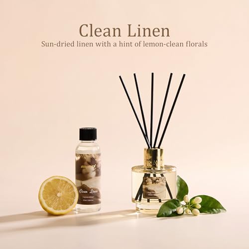 Reed Diffuser Set with Refill & 8 Reed Sticks, 6.96 fl oz Clean Linen Home Fragrance, Long Lasting Aromatherapy Diffuser for Bedroom, Bathroom & Living Room
