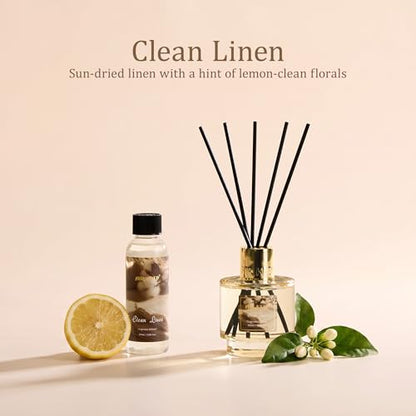Reed Diffuser Set with Refill & 8 Reed Sticks, 6.96 fl oz Clean Linen Home Fragrance, Long Lasting Aromatherapy Diffuser for Bedroom, Bathroom & Living Room