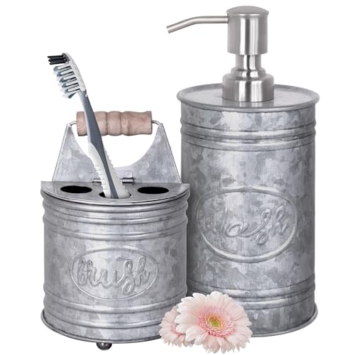 Autumn Alley Rustic Bathroom Accessories Set - Farmhouse Bathroom Soap Dispenser and Toothbrush Holder Set - Western Bathroom Accessories, Farmhouse Decor for Bathroom Countertop, Galvanized Grey - color: Grey