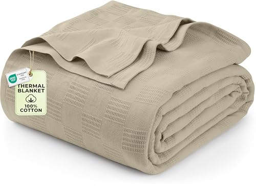 Utopia Bedding 100% Cotton Thermal Blanket Khaki Full, 90x84 Inches | Lightweight Breathable Cozy Spring Summer Blanket Home Decor Gift - color: Khaki, size: Full