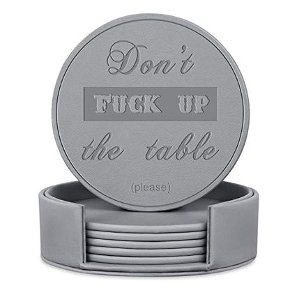 Funny Coasters, 6 Pcs Leather Coasters with Holder, Perfect Housewarming Hostess Gifts, Protect Furniture from Water Marks Scratch and Damage(6Pcs, Grey) - color: Gray