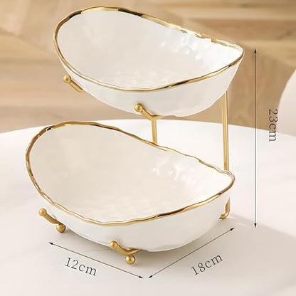 White Fruit Bowl with Gold Metal Stand, 2 Tier Modern Ceramic Fruit Bowl Fruit Rack for Kitchen Counter, Tiered Fruit Basket for Snacks Bread Candy Storage (White A,2 Tier) - color: White A,2 Tier