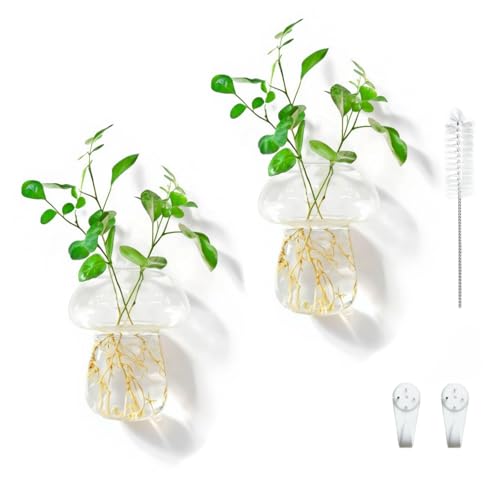 Mushroom Vase with Hook, Propagation Station, Clear Borosilicate Mini Glass Planter Terrarium Jar for Plant Cuttings, Unique Hydroponic Bud Flower Holder for Indoor Garden Decor Gift, 2 PCS - color: Clear—2PCS