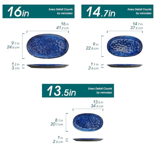 vancasso Ceramic Serving Platters Set of 3, Oval 16/14.7/13.5 Inch Stoneware Serving Dishes for Entertaining, Microwave Safe Serving Trays for Food, Turkey, Cheese, Party, Reactive Glaze Navy Blue - color: Navy Blue