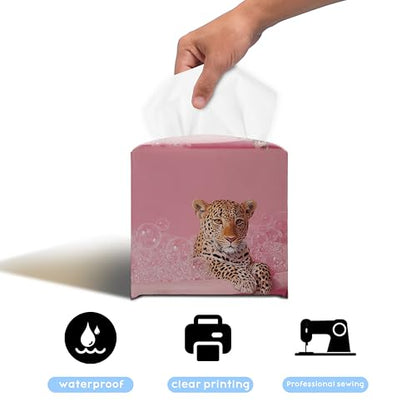 Cute Leopard Pink Bubble Bath PU Leather Tissue Box Cover 5.2 Inch | Pink leopard bubble bath design; 5.2 in PU leather tissue cover for bathroom, bedroom, vanity, office. - color: Pink Leopard