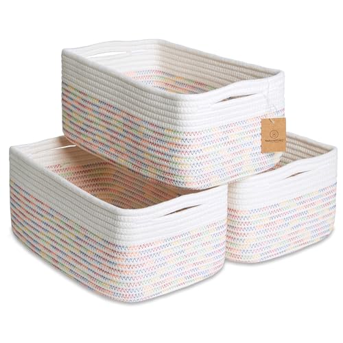 NaturalCozy 13.5”x8.5”x5.5” Rectangle Storage Baskets for Shelves 3 Pack | Cotton Rope Woven Small Baskets for Organizing | Small Storage Bins for Nursery, Bathroom, Closet, Shelf, Decorative - color: Off White & Rainbow Stitching, size: 13.5" x 8.5" x 5.